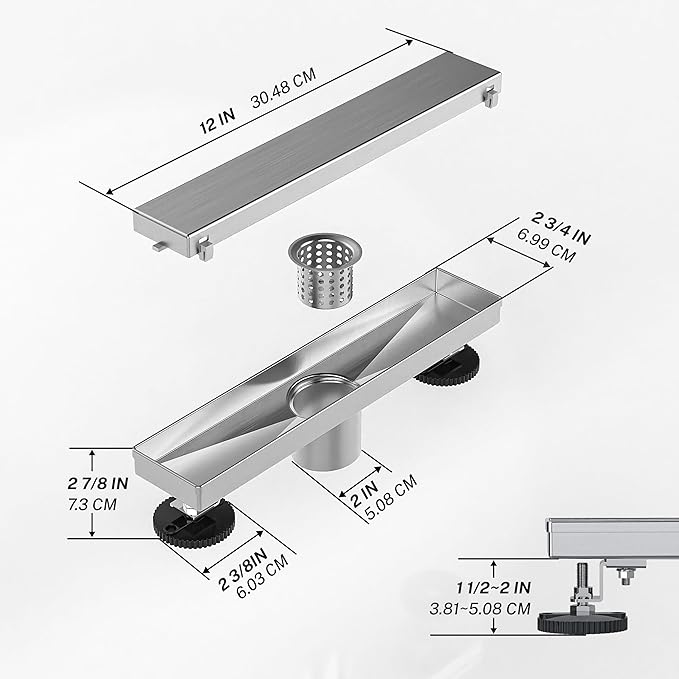 Linear Shower Drain.12 Inch Shower Trench Drain with 2-in-1 Flat Cover & Inser Cover,304 Stainless Rectangle Steel Shower Floor Drain with Hair Strainer and Leveling Feet (Brushed Nickel, 12 in)
