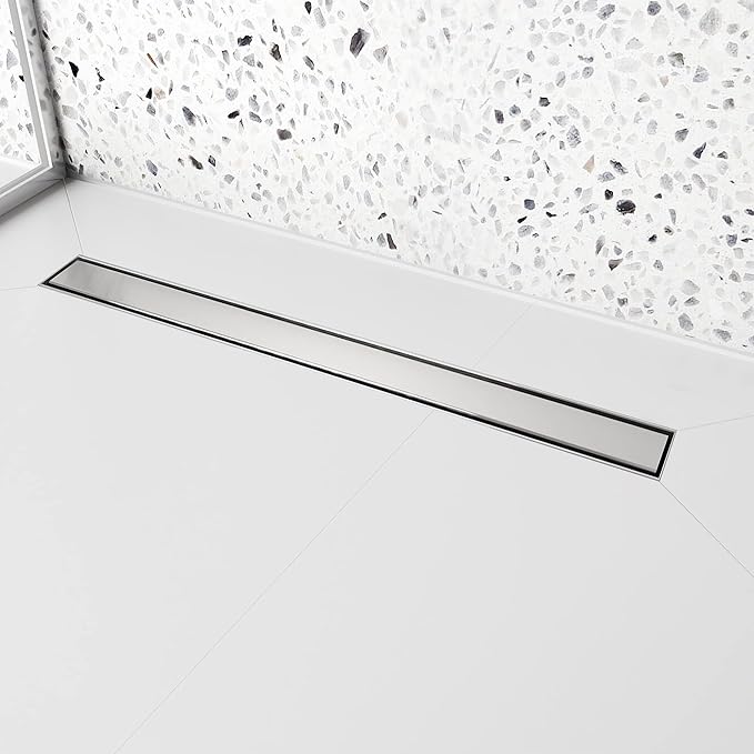 28 inch Linear Shower Drain with Removable Square Hole Panel by Using Brushed 304 Stainless Steel Process, Linear Drain Equipped with Adjustable Feet and Hair Strainer