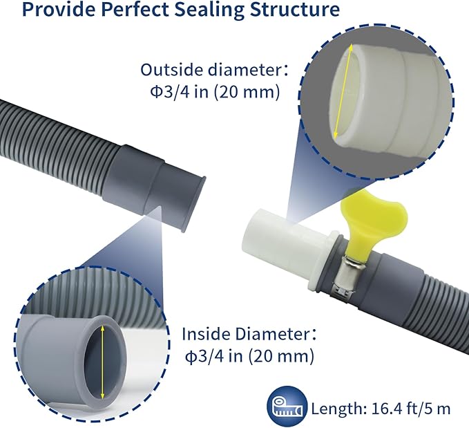 16.4 FT Flexible Corrugated Washer Hose Kit, Universal Avec 1 Adapter, 2 Hose Clamps et 1 U-Bend Holder