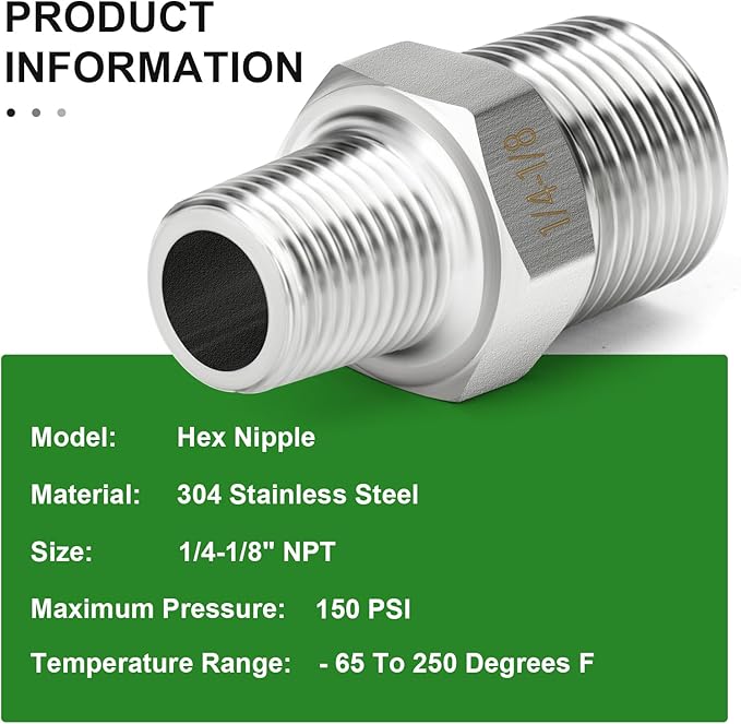 TAISHER 10PCS 304 Stainless Steel New Hex Nipple, 1/4" NPT Male x 1/8" NPT Male, Reducing Pipe Adapter Fitting