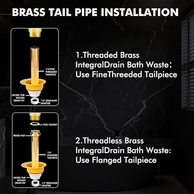 Freestanding Tub Drain Rough-in Kit, Bathtub Drain Kit with PVC Plastic Adapter and Brass Tail Pipes, Compatible for Freestanding Bathtub, Floor Mounted, Copper Bathtub, Yellow