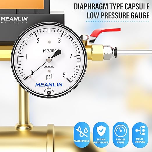 MEANLIN MEASURE 0-5psi Diaphragm Type Capsule Low Pressure Gauge 1/4" NPT 2-1/4" FACE DIAL Adjustable Water Column Gauge, with 1/2" NPT and 3/8" NPT Hex Bushing, Back Mount
