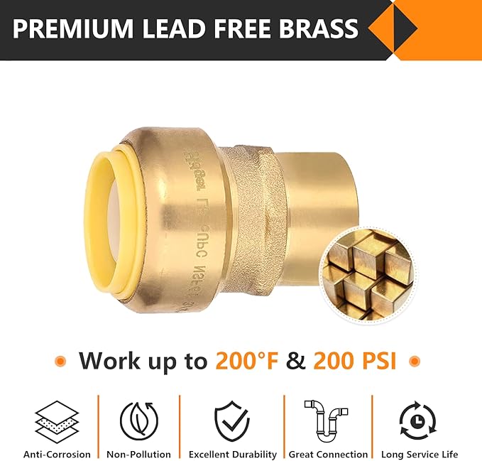 5-Pack HeSun Pushfit Female Adapter, 1/2" FNPT x 3/4" Push to Connect Plumbing Fittings with Disconnect Clip, Brass Push-fit Fittings for PEX, Copper, CPVC, PE-RT Pipes(PF133-5)