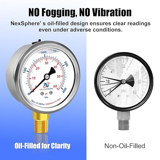 60 PSI Pool Pressure Gauge, 2.5" Dial, 1/4" NPT Lower Mount, Stainless Steel Case, Glycerin-Filled Manometer for Home Water, Air, Oil, Gas Pressure Testing