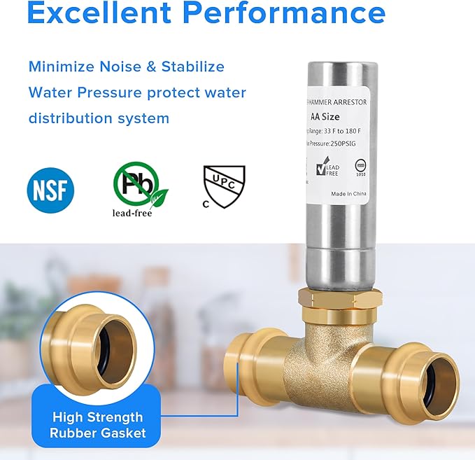 Propress Water Hammer Arrestor (2-Pack) - 1/2" Copper Press Connection, Tee, Stainless Steel - Reduce Pressure and Noise