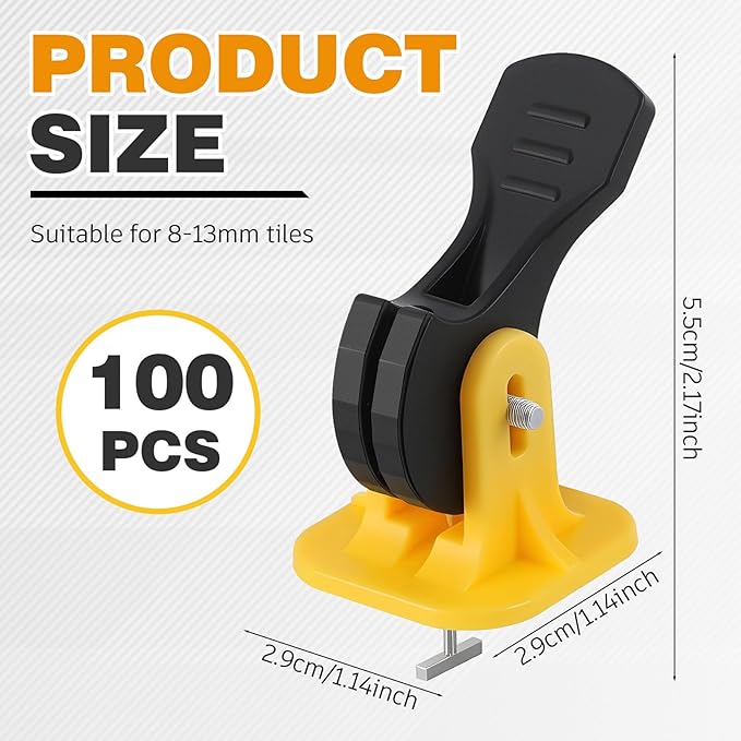 Nuanchu Tile Leveling System Kit 100 Reusable Tile Spacers + 100 1/16'' Replaceable Spare Steel T-pin, Leveling Clips Fit 8-12mm Floor Compounds Set for Wall & Floor (Yellow)