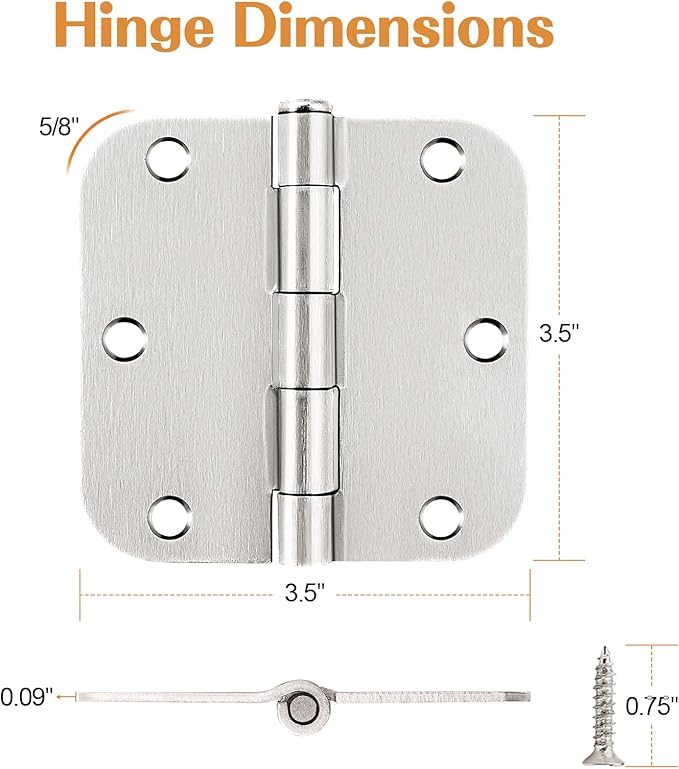 Probrico Interior Door Hinges Brushed Nickel, 3.5 X 3.5 Inch Door Hinges Rounded 5/8" Radius Corners, Nickel Hinges for Door Hardware, 18 Pack