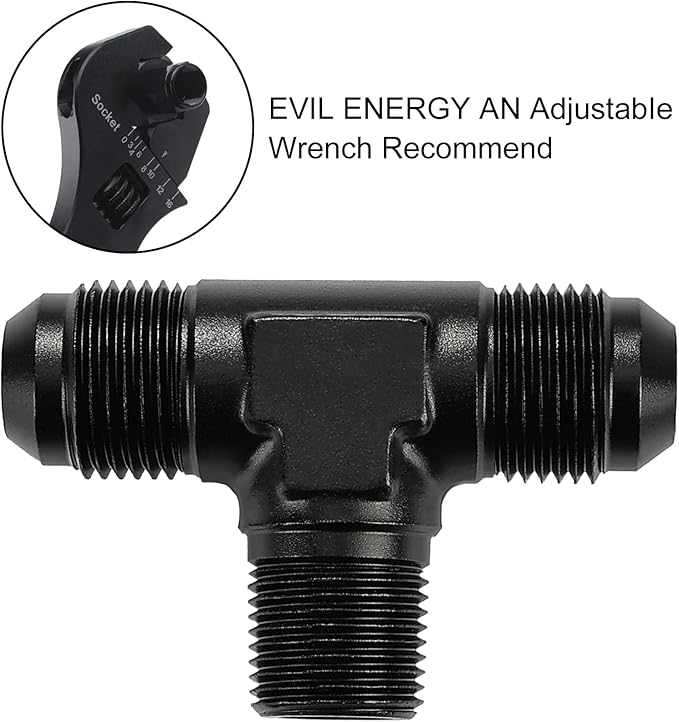 EVIL ENERGY 8AN Tee Male Flare to 3/8 NPT on Side Branch T Fitting Adapter Aluminum Black