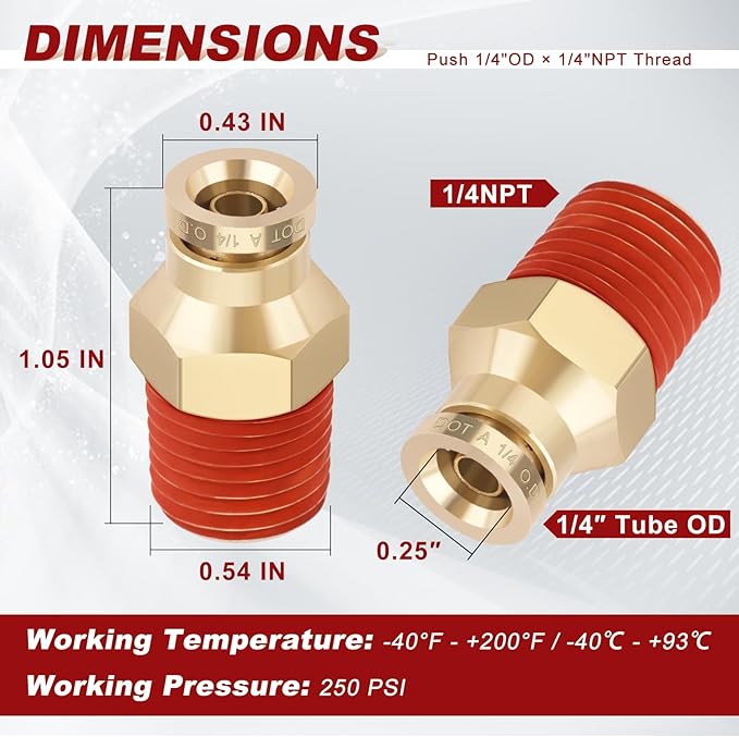 1/4" Quick Push to Connect Fittings Brass Union Straight Joint DOT Approved for Tube OD x NPT Thread Air Line Adapter Suspension Kit for Truck Trailers and Brake System 4pcs