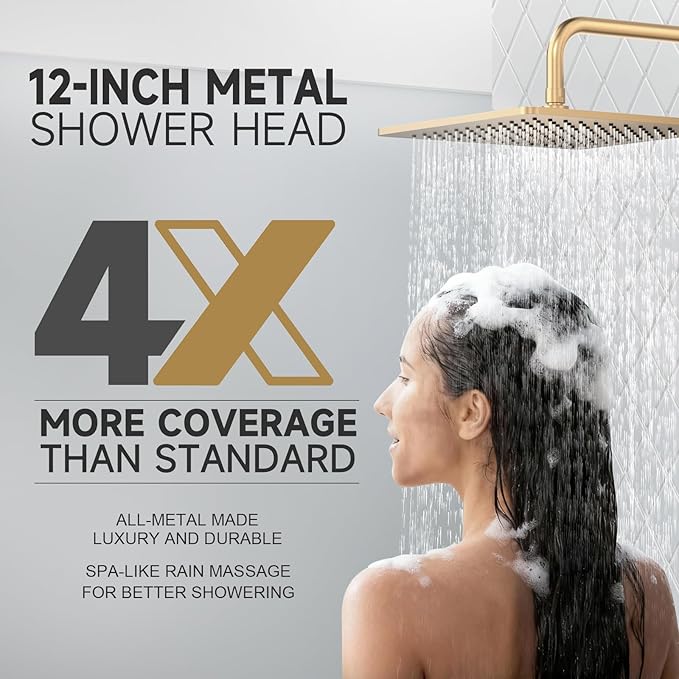 Lava Odoro 12-inch Square Bathtub and Shower Faucet Set Champagne Gold, Shower Trim Kit with Rough-in Valve High Pressure Gold Rainfall Shower Head and Handle Set, (Valve Included), SF106-CB-T