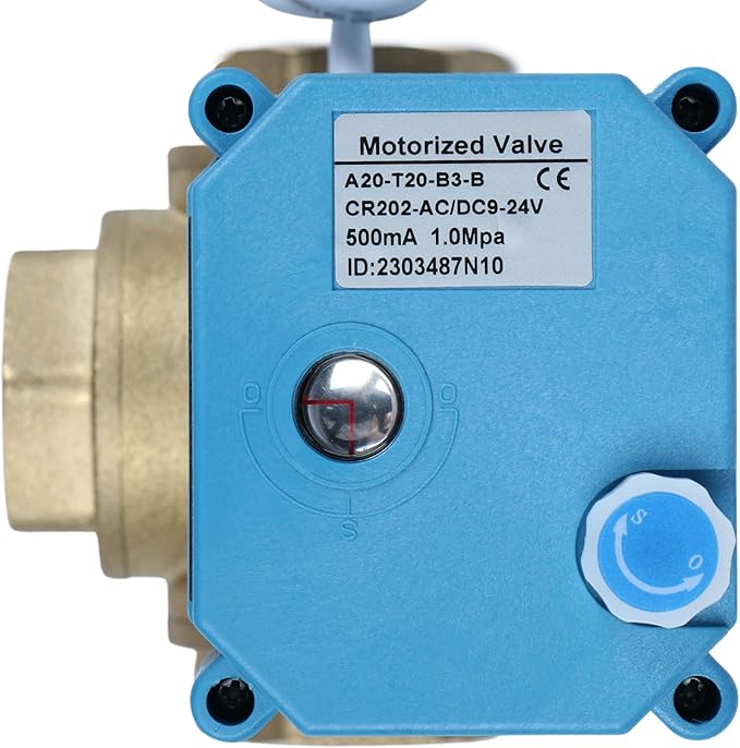 U.S. Solid 3/4" 3 Way Brass Motorized Ball Valve L Type AC/DC9-24V, Water Shutoff Valve with Manual Function, Standard Port, NOT for Drinking Water