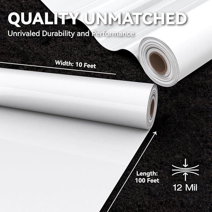 Crawl Space Vapor Barrier, 12 mil 10'x100', White Heavy Duty Plastic Sheeting - Thick Polyethylene Film, 12mil Crawlspace Liner, Drop Cloth Vapor Barrier Covering for Crawlspace and Basement