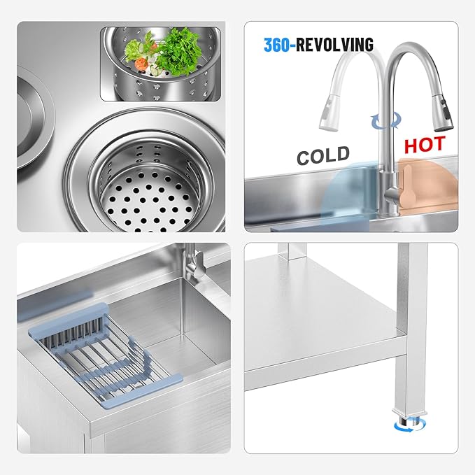 46.9Inch Stainless Steel Utility Sink 2-Compartment Commercial Sink with Pull-out Faucet, Free Standing Double Bowl Kitchen Sink for Restaurant, Garage, Shop, Cafe