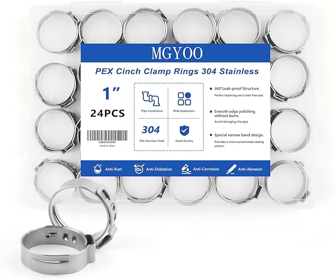 1 Inch PEX Clamps 24pcs Crimp Rings Single Ear Hose Clamps Stainless Steel Fittings Cinch Clamp Ring for Pipe Tubing