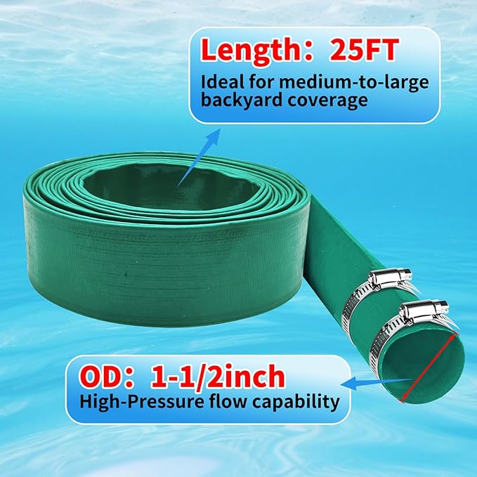 25FT Pool Backwash Hose Kit, 1.5" Lay-Flat Pool Hose Set, 25FT Discharge Pipe Hose for Pool, 1.25" Sump Pump Discharge Hose with 1-1/2" Barb and 1-1/4"FPT Pump Adapters