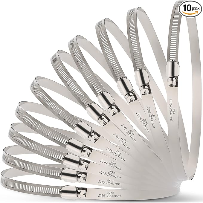 10Pack 10 inch Hose Clamp,Stainless Steel Large Hose Clamps Adjustable from 9-1/4"-10"/235-254mm,Metal Worm Drive Gear Duct Clamp for Air Ducting,Dryer Vent Hose,Fuel Line,Plumbing,Automotive