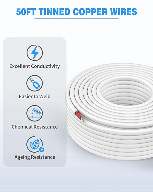 NAOVEO 18 Gauge Wire 2 Conductor Electrical Wire, 18 AWG Stranded PVC Tinned Copper Cable, Flexible/Low Voltage Automotive Wiring for LED Lamps, Marine, Speaker, Appliances (50FT)