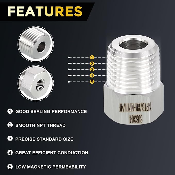 METALLIXITY 5PCS 3/8" Male NPT x 1/4" FeMale NPT Thread 304 Stainless Steel Hex Bushing Extension Tube Adapters Convert for Water Tub Spout/Shower