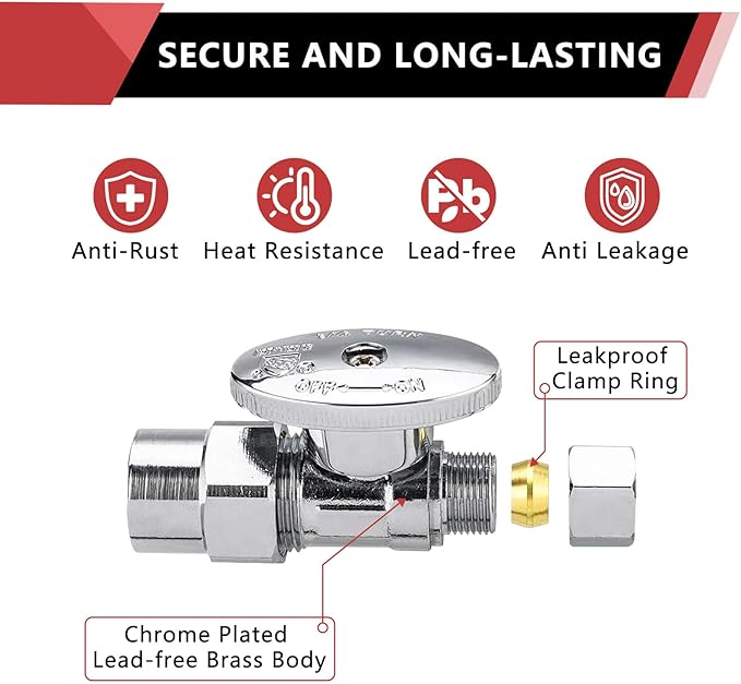 (Pack of 10) EFIELD 1/4 Turn Straight Stop Valve 3/8" OD Compression X 1/2" CPVC Pipe Connection, Chrome Plated Brass,(VALVE073-10PCS)