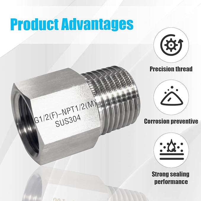 2 Piece G1/2 Female (1.9cm)-NPT1/2 Male (2.1cm) Threaded Fitting,Reducer Adapter, 304 Stainless Steel Sensor Gasket Adapter Extender.