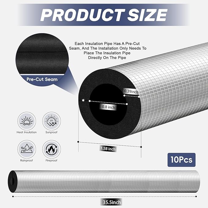 3/4 " ID Pipe Insulation Foam Tube Self Adhesive 36 '' L, Outdoor Foam Water Pipe Insulation for Winter Pipe Freeze Protection (10 PC)