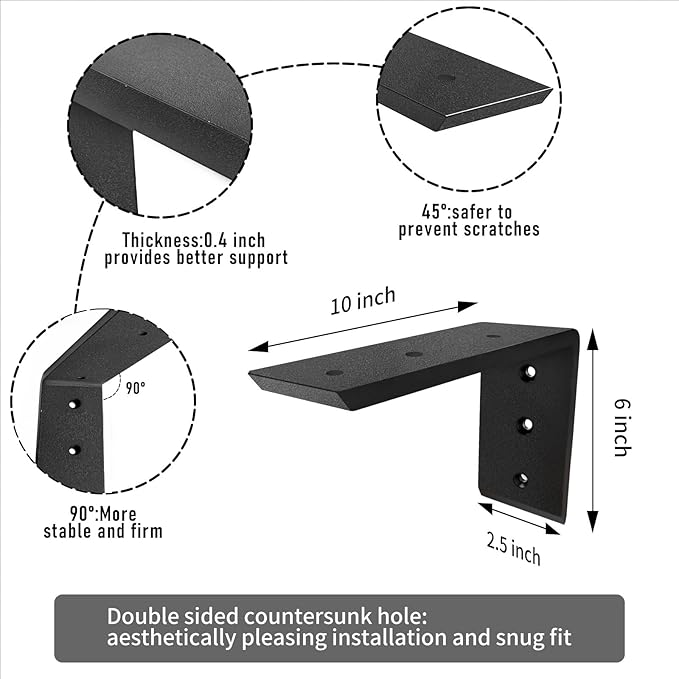 Countertop Support Brackets 10 Inch Heavy Duty 0.4 Inch Thick Countertop Hidden Bracket 10"x6"x2.5" L Bracket Metal Corbels for Quartz/Granite/Wood/Concrete/ Laminate Countertops (3pack)