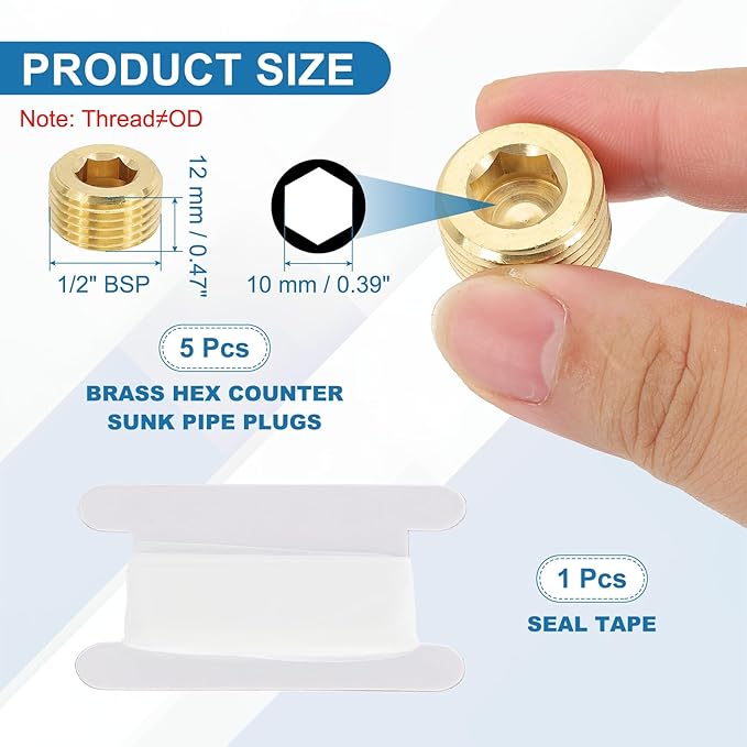 PATIKIL 1/2" BSP Male Pipe Plug Fitting, 5Pcs Brass Hex Counter Sunk Plug Brass Male Connector Socket for Closing the End of Pipe Industrial Machinery Fittings
