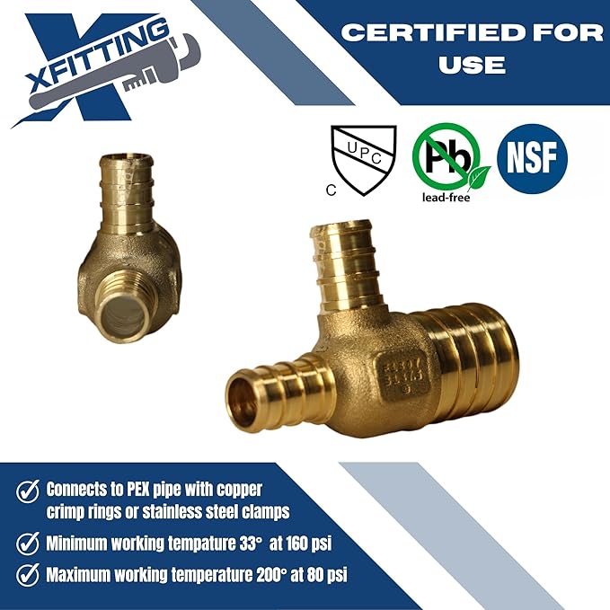 XFITTING 1 inch x 1/2 inch x 1/2 inch Pex Reducing Tee, Pex B Crimp Version 26-5-6=10X, 10 Pieces