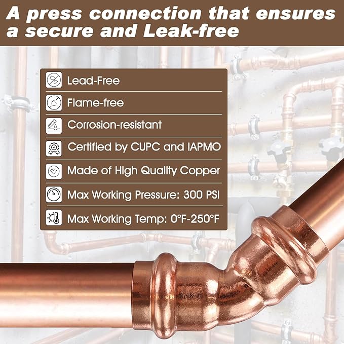 Copper Press Fittings,1/2 inch Copper Coupling 45 Degree Elbow Coupling Zero Lead PxP 1/2 inch x 1/2 inch,12PCS 45-Degree Elbow with 1/2-Inch for Plumbing,OD 5/8”,Use with Hydraulic Press Fitting Tool