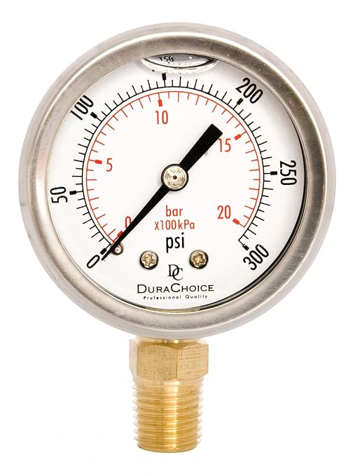 2" Oil Filled Pressure Gauge - Stainless Steel Case, Brass, 1/4" NPT, Lower Mount Connection, 0-300PSI