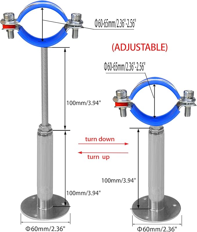 Wall Mount Ceiling Mount Pipe Supports,Adjustable Pipe Clamps、Hangers、 Stainless Steel 304,2PCS Suitable for Pipe OD 60-65mm Adjustable Height 100-200mm