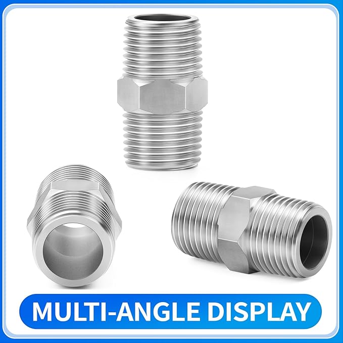 ChillWaves 304 Stainless Steel Pipe Fitting, Hex Nipple 1/4" NPT Male x 1/4" NPT Male Thread Adapter(12-PACK)