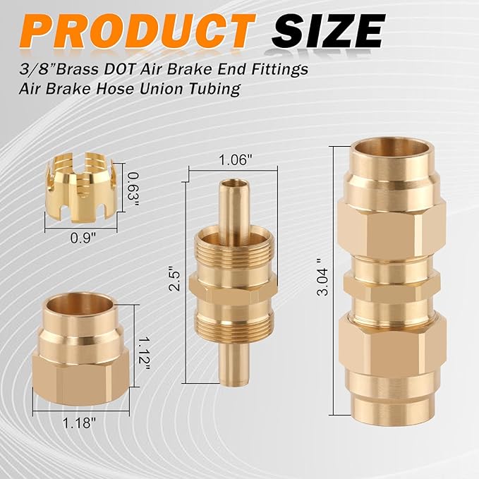 Brass DOT Air Brake End Fitting，2PCS 3/8” OD Union Tube with 4 PCS Brass Fitting Sleeve Tube, Air Brake Hose Fittings for Air Brake Systems-Industrial Use or Trucks Trailers