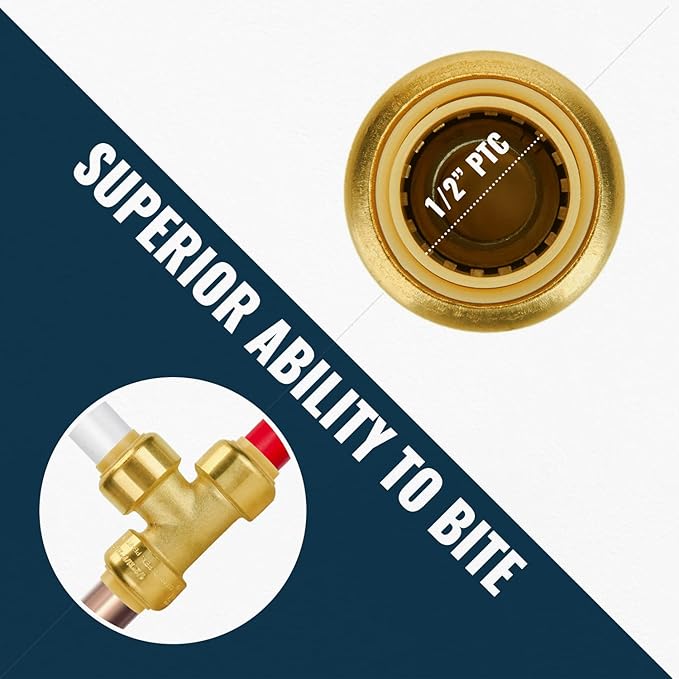 SUNGATOR Push Fittings 1/2 inch, 90 Degree Elbow (5 PCS), Tee (3 PCS), No Lead Brass Push-to-Connect Plumbing Fittings for Pex Pipe, Copper, CPVC, with 1 Disconnect Clip, Pack of 8