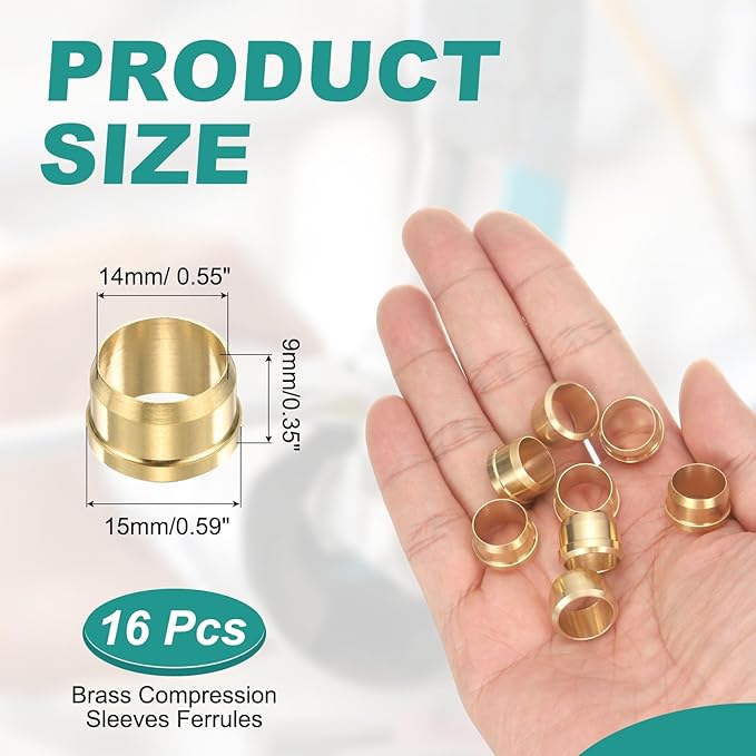 PATIKIL 12 mm OD Tube Compression Sleeves Ferrules, 16 Pack Brass Ferrule Compression Fittings for Water Oil Air Pipes