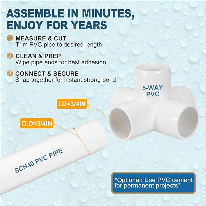 4 Pack 3/4" SCH40 PVC Elbow Pipe Fitting, 5-Way PVC Elbow Corner Side Outlet Cross Fitting, Furniture Grade Pipe Connectors for DIY Project, Pond Protection, Socket x Socket, White
