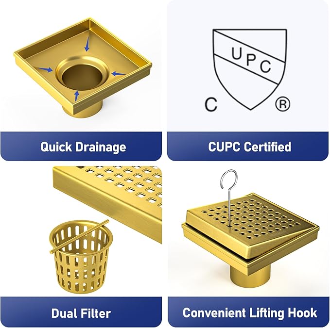 Square Shower Drain 4", 304 Stainless Steel Floor Drain w/Hair Strainer, Grid Shower Drain w/CUPC Certified (Brushed Gold, 4 Inch)