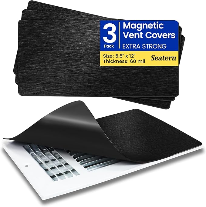 Magnetic Vent Covers, Extra Strong Magnets, Black 5.5" x 12" (3 Pack) Ultra Thick 60mil, Complete Seal, Air Vent Covers for Home Floor, Ceiling, Wall Registers, HVAC, AC, and Heater Vents