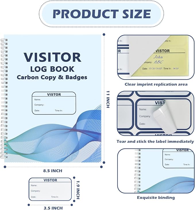 3 Pack of 450 Visitor Badges Registry Log with Carbon Copy Visitor Stickers Letter Size Visitor Log Book Extras Protecting Privacy Pages Spiral-Bound Visitor Badges Guest Register Book (3)