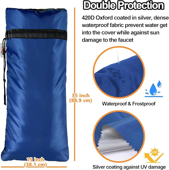 Extended Outdoor Faucet Cover for RV Park Water Hydrant Insulated, 3M Thinsulate Insulation Sprinkler Freeze Protector for Winter & Summer, 35”H x 15”W for Garden Lawn Faucets & Yard Hydrant - Blue