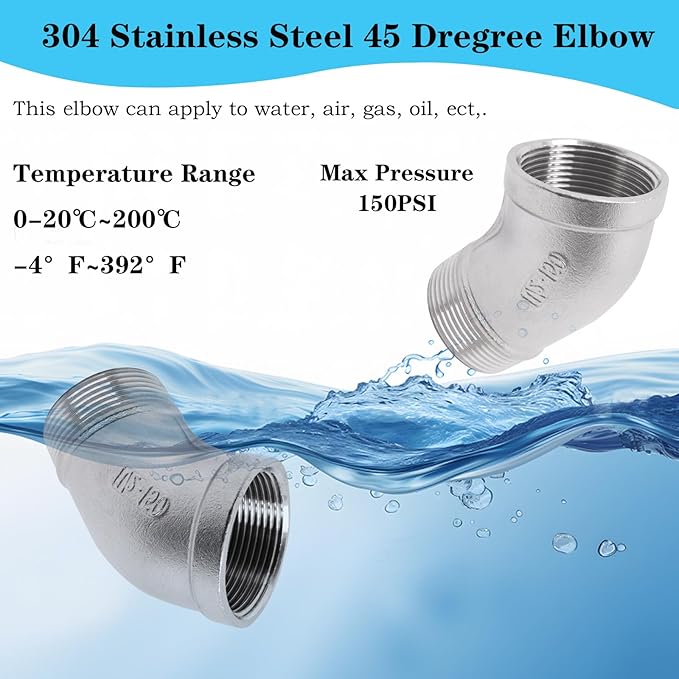 1PCS 304 Stainless Steel 45 Degree Elbow, 1-1/2" NPT Male Pipe to 1-1/2" NPT Female Coupler, Heavy Duty Forged Street Elbow Adapter Pipe Fittings, Class 150