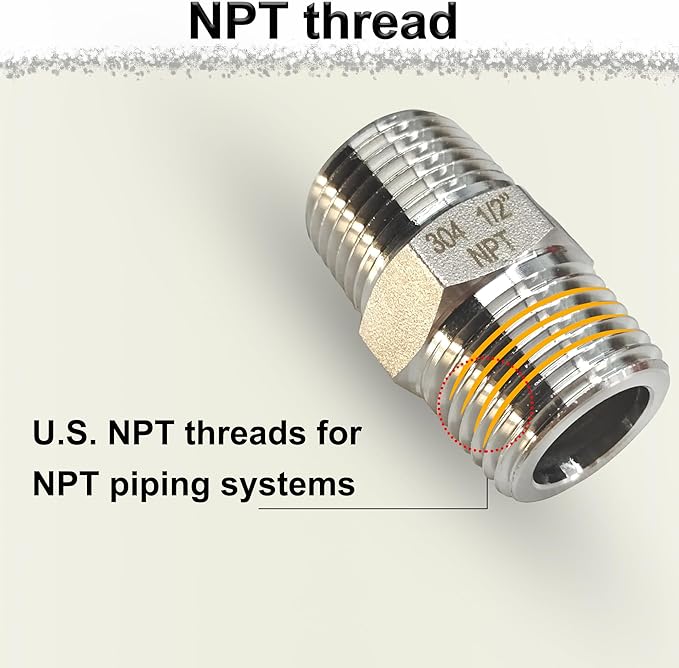 3/8" x 3/8" Male Hex Nipple Pipe Fittings, 304 Stainless Steel 3/8 inch NPT Male Threaded Pipe Adapter Fittings Equal Nipples Connectors, Adapter for 5/8” ID Pipe Connector (3/8“, 2pcs)