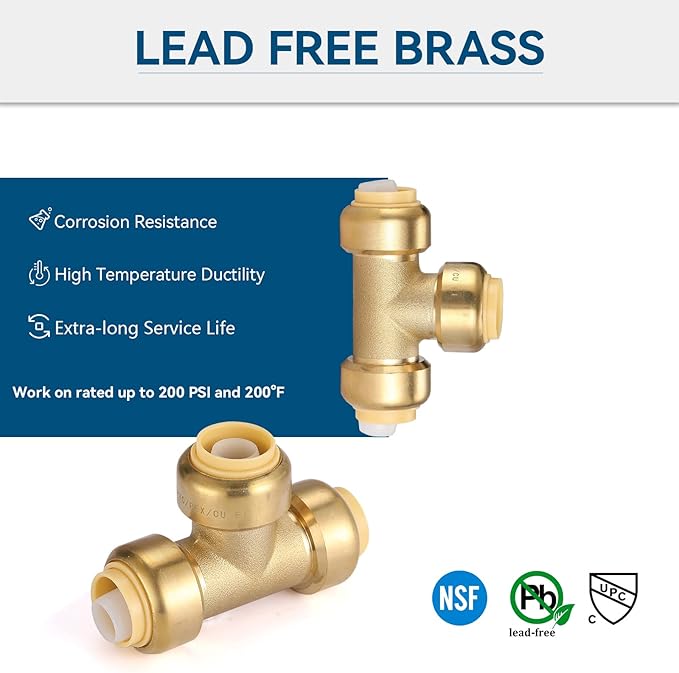 3/4" Pushfit Tee,5 Pack PEX Brass Push-fit Tee with 1 Pack Disconnect Clip, Push-to-Connect Plumbing Fittings for PEX, Copper, CPVC