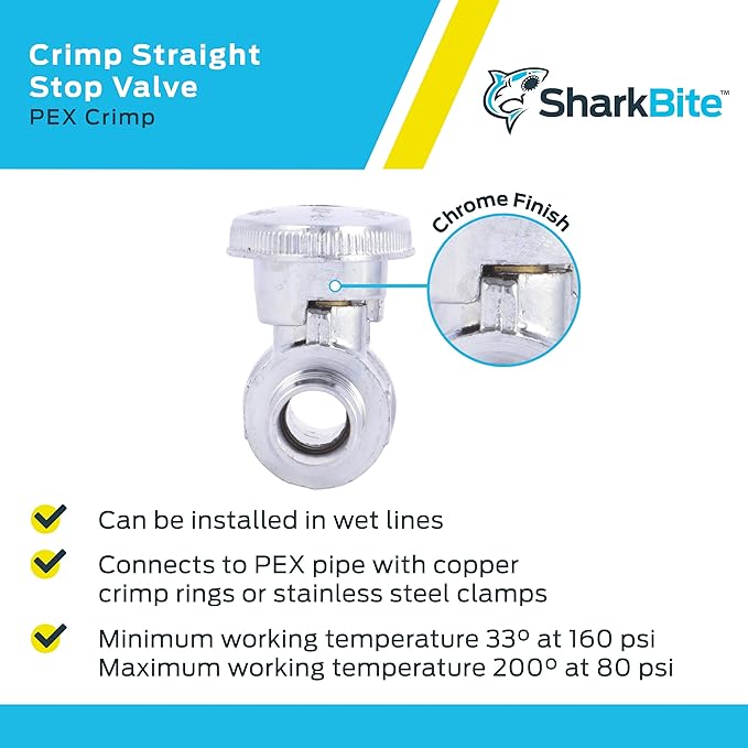 SharkBite 1/2 Inch Crimp Multi-Turn Straight Stop, Brass Plumbing Fitting, PEX Pipe, PE-RT, 23063LF