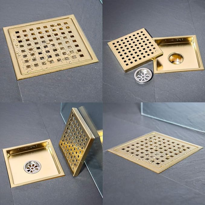 Shower Drain 6 Inch Brushed Gold,Stainless Square Shower Floor Drain Kit with Tile Insert Grate Removable Multipurpose Invisible Look or Flat Cover, with Threaded Adapter