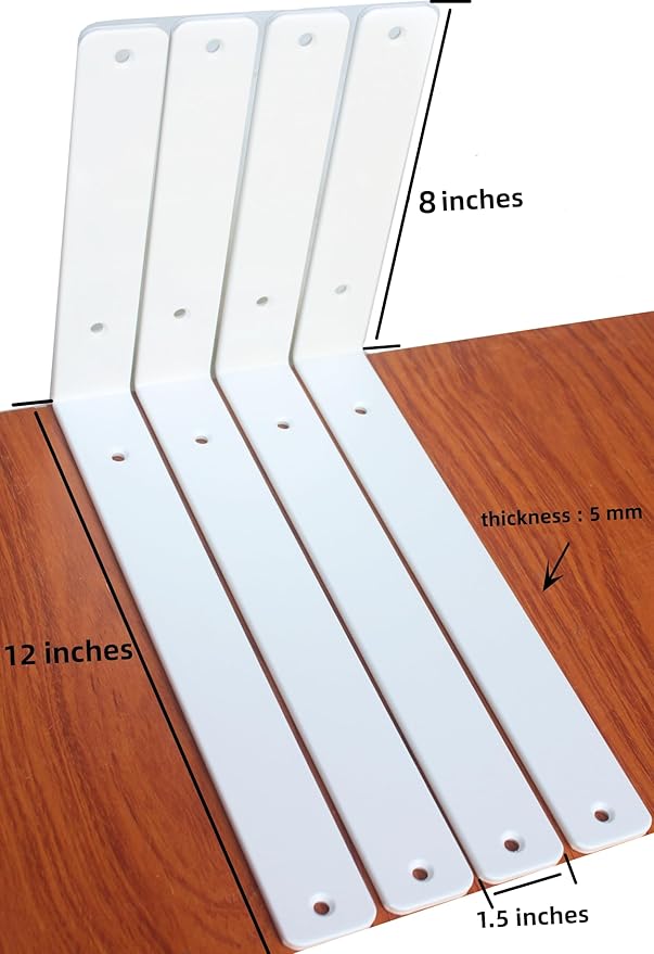 8 Pack - L 12" x H 8" x W1.5, 5mm Thick White L Shelf Bracket, Iron Shelf Brackets, Metal Shelf Brackets, Floating Shelf, Shelf Supports with Screws