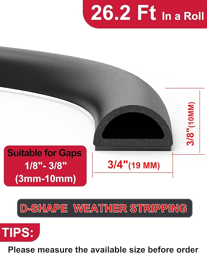 Rubber Weather Stripping Self Adhesive Door Weather Strip D Shape EPDM Rubber Seal Strip for Door and Window, RV, Boat, Car, Truck, Marine, 26 FT, (3/4" W × 3/8" T)