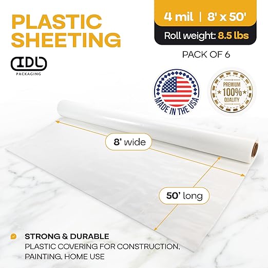 Plastic Sheeting 4 mil, 8' x 50' (400 sq.ft.), Pack of 6 - Thick Semi-Clear Plastic Sheeting for Construction, Painting, Drop Cloth, Slide&Slip - Heavy Duty LDPE Film Roll by IDL Packaging