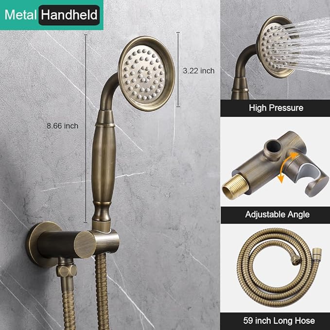Antique-Brass Shower Faucet-Sets Fixtures: 9 inch Ceiling Rain Head with Handheld Spray and Body Jets, 3 Way Diverter Rough in Valve System included Trim Kit