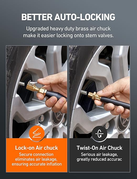 AstroAI 1 Pack Air Chuck, Heavy Duty Closed Flow Lock On Tire Chuck with Clip for Inflator Gauge Compressor Accessories, Yellow
